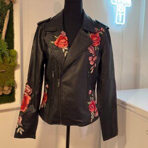 NWOT Nanette Lenore embroidered faux leather jacket.